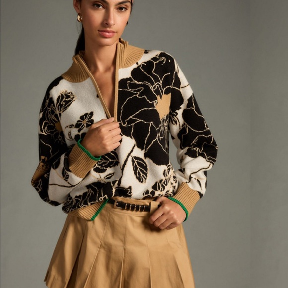 Maeve Sweaters - Maeve by Anthropologie Black and White Floral V-Neck Sweater